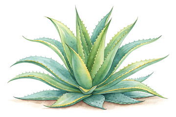 Fototapeta premium Hand-painted watercolor aloe vera plant with fleshy green leaves and subtle gradients, isolated on white.