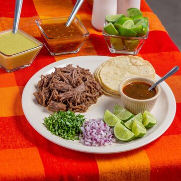 Mexican Birria Platter with Shredded Beef, Corn Tortillas, Consome, Cilantro, and Red Onions