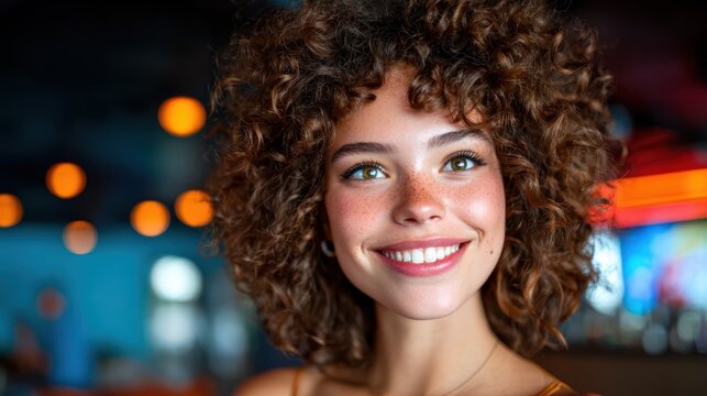 A cheerful young woman with curly hair smiles brightly in a cozy caf&eacute;, illuminated by warm lights, representing comfort, casual vibes, and moments of joy in everyday life.