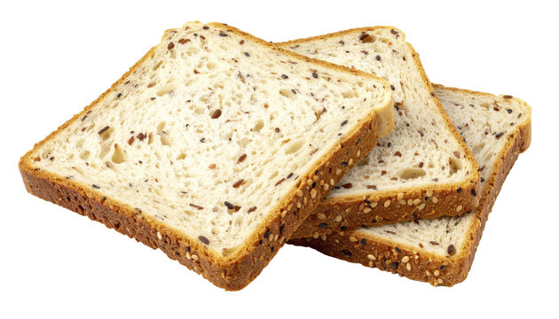 Stack of square whole grain sandwich bread slices with visible seeds, isolated on transparent background. Ideal element for toast recipes, healthy food ads and bakery packaging.