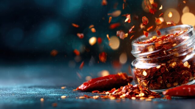 A captivating shot of chili flakes cascading from a glass jar, accompanied by dried peppers, symbolizing the intense flavor and spice in culinary experiences.