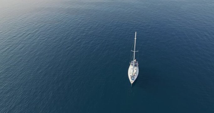 Aerial View Moored Sailboat Calm Aegean Sea Chalkidiki Greece