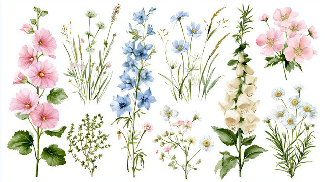 Vibrant watercolor botanical collection featuring delicate pink hollyhocks, graceful blue delphiniums, elegant white foxgloves, charming wild roses, and fresh daisies, meticulously painted with