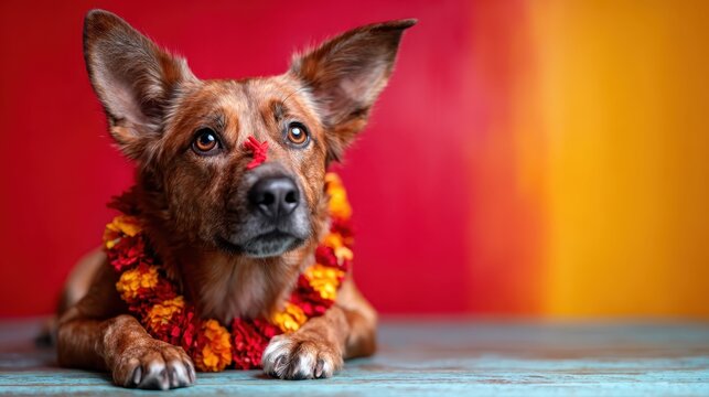 A beautiful dog adorned with a flower garland, displaying an adorable and thoughtful expression against a vibrant backdrop, bringing warmth and joy to viewers' hearts.