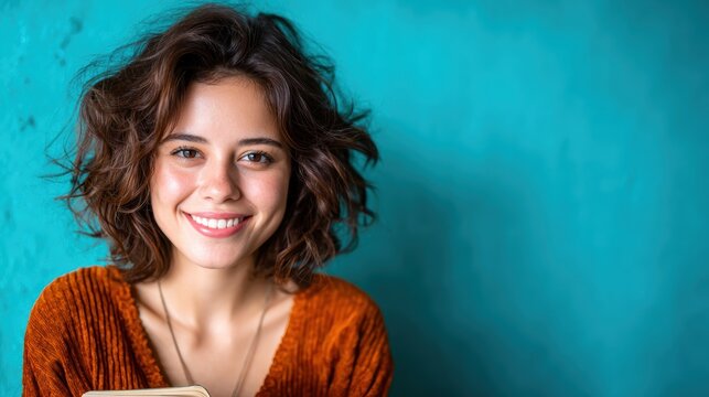 A cheerful young woman with curly hair radiates happiness while holding a book, standing against a vibrant turquoise backdrop, embodying joy and positivity in life.