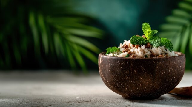 A rustic bowl of rice topped with succulent lamb and fresh mint, creating a visually appealing and aromatic dish that highlights flavorful ingredients and culinary artistry.