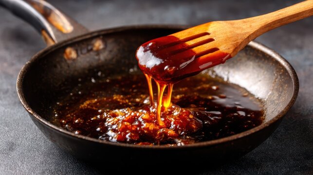 A close-up of rich, savory sauce drizzling from a wooden spoon into a black pan, highlighting the essence of cooking and the allure of flavorful ingredients.