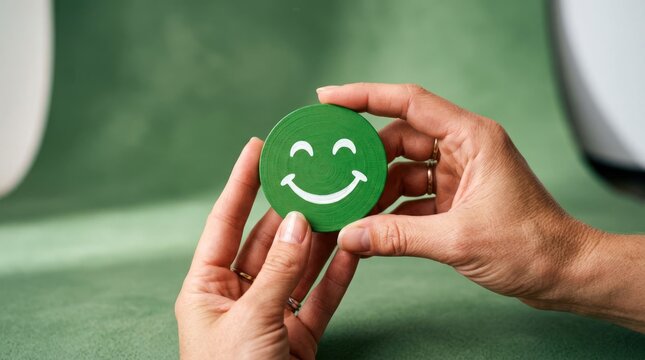 Hands holding a green smiley face symbol representing happiness and positivity.