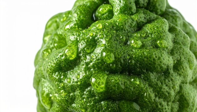 Extreme close up of a bumpy textured kaffir lime skin with fresh water droplets isolated on a clean white background for botanical design.