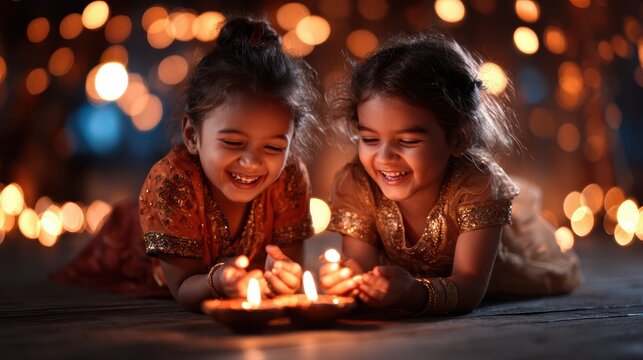 Two joyful young girls, dressed in traditional attire, playfully illuminating diyas and enjoying the warm sparkling lights, capturing the spirit of Diwali festival joy.
