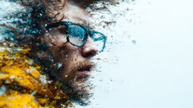 A stunning abstract portrait image, depicting a man with glasses, creatively blending motion and water, expressing emotions of determination and resilience through art.