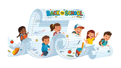 Back to School Excitement: A joyful group of diverse children rolls along a giant scroll of notebook paper, exuding enthusiasm for the start of the school year.