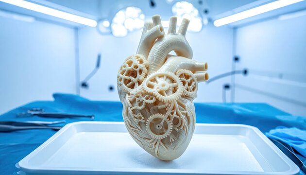 Intricate Mechanical Heart Model on Surgical Tray Under Blue Lights.