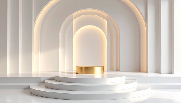 Elegant gold pedestal on a white tiered stage with soft glowing arch background perfect for luxury product presentation and display.