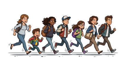 Joyful Journey to School: A vibrant illustration depicts a diverse group of children and adults, all carrying backpacks, running with enthusiasm towards their educational destination.
