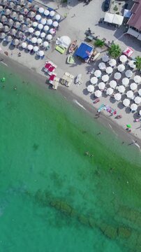 Hanioti Beach Chalkidiki Greece Top Down Aerial View Summer Day