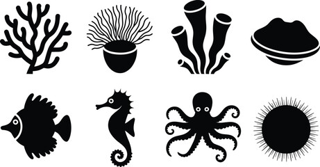 Marine Life Silhouette Icon Set Featuring Coral Fish Octopus Seahorse Sea Sponge and Shell © Majeda