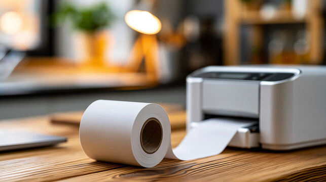 Blank thermal label printer label peel with modern printer white label paper roll in home office with blurred background in morning light minimalist style, minimal product