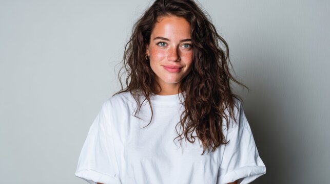 A captivating portrait of a young woman radiating confidence with curly hair against a plain background, showcasing natural beauty and the essence of modern youth and style.