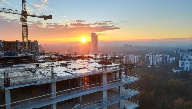 Construction site at sunrise with city skyline and crane