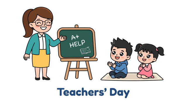 Happy Teacher's Day: A cheerful teacher points to a blackboard with A+ HELP written on it, as two smiling students sit attentively.