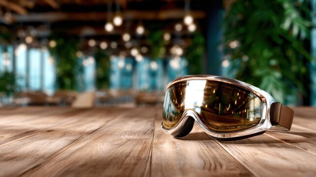 An artistic composition showcasing trendy ski goggles placed on a rustic wooden table, reflecting the modern spirit of skiing and the aesthetics of alpine adventures.