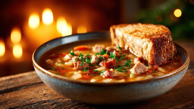 A warm bowl of hearty soup paired with crusty bread is presented next to a glowing fireplace, evoking comfort and warmth, perfect for chilly evenings during winter.