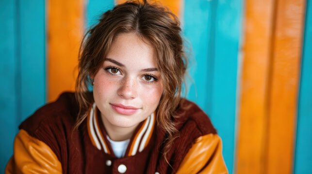 A vibrant portrait of a teenager with freckles smiles in a backdrop of striking colors, capturing the essence of youth, confidence, and individuality in a playful atmosphere.
