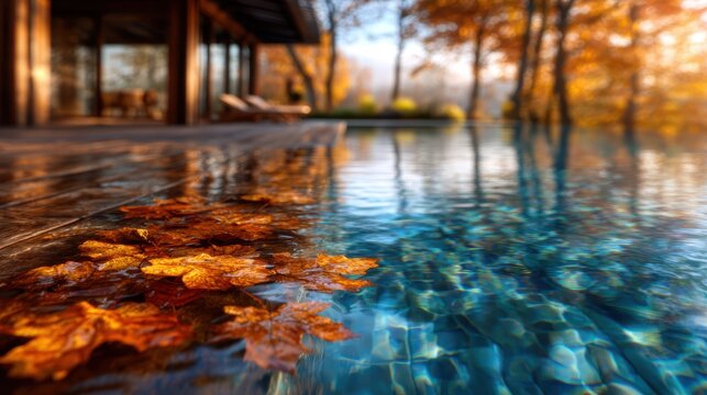 A serene view of a pool surrounded by autumn foliage, where vibrant orange leaves float on the water's surface, creating a peaceful atmosphere of relaxation.