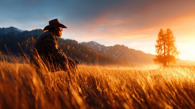 A solitary cowboy sits in a golden grassland, gazing at the stunning sunrise illuminating the landscape of mountains, conveying tranquility and reflection on nature's beauty.