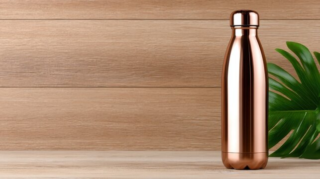 A stylish copper water bottle stands alone on a wooden surface, complemented by a leaf, emphasizing sustainability and modern living solutions in design.