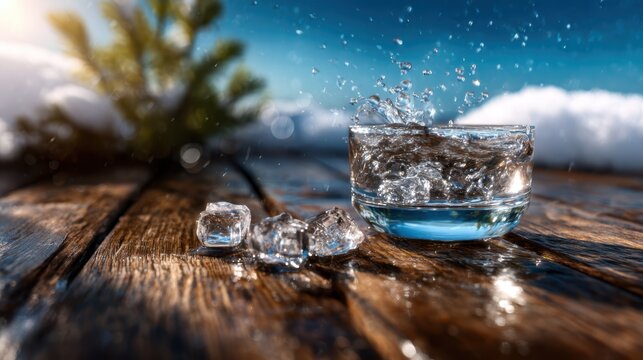 An invigorating splash of water is captured mid-air in a glass, highlighting the refreshing quality of hydration, perfect for promoting wellness and vitality.