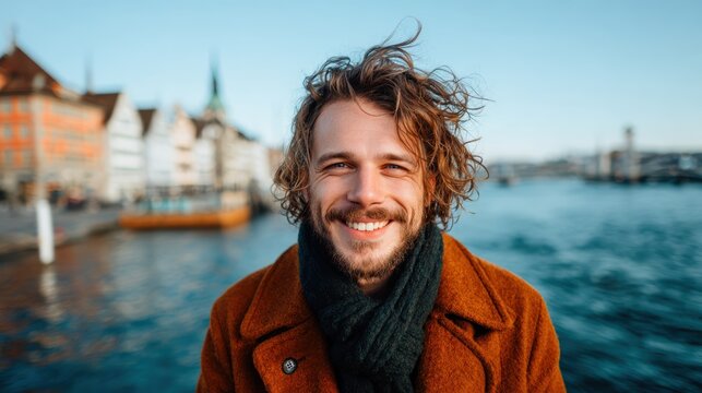 A cheerful young man with a warm smile stands by tranquil water, capturing a moment of joy and connection with nature, conveying happiness and a sense of freedom.