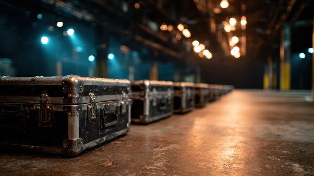An artistic view of lined industrial storage cases placed in a dimly lit venue, showcasing the atmosphere and structure, ideal for music and entertainment settings.