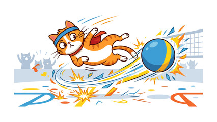 Super Cat Volleyball Champion: An energetic cartoon cat, dressed as a superhero, leaps into action to hit a volleyball during a thrilling game. © Rahimatul