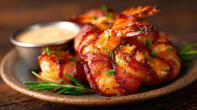 A tempting platter of perfectly cooked bacon-wrapped shrimp garnished with fresh herbs, served alongside a flavorful dipping sauce, inviting immediate culinary indulgence.