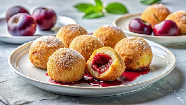 Delicious plum dumplings served on white plate with sweet plum sauce. Homemade plum dumplings feature a golden crust and juicy fruit filling, with fresh plums visible.