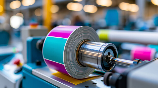 Industrial printer for colorful label production in professional printing facility, commercial printing concept, industrial photography, blurred factory background, with copy space