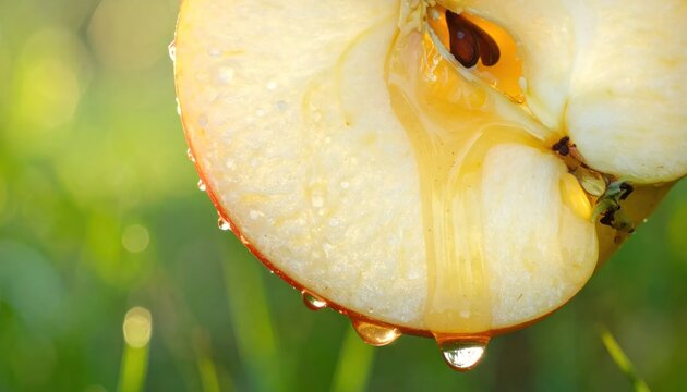 Juicy Apple Half with Water Droplets on Green Grass Background.