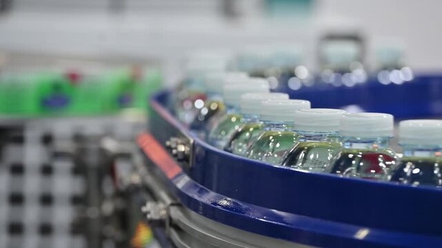 Filled drinking water bottles moving on conveyor belt in automated bottling plant.
