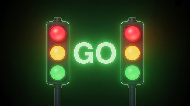 Two Glowing Traffic Signal Lights with Glowing Text Go on a Dark Background