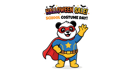 Super Panda for Halloween Sale: A cute cartoon panda dressed as a superhero, waving and celebrating a Halloween Sale and School Costume Day, with festive bats and pumpkins. © Jannat