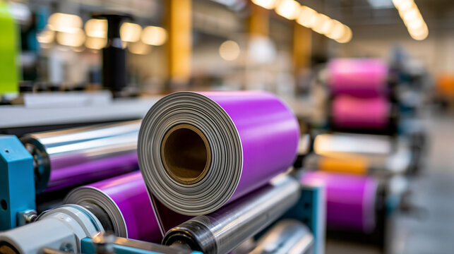 Flexo press for printing label in professional commercial printing facility, flexographic printing concept, industrial photography, blurred factory background, with copy space