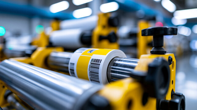 Flexo press for printing label in professional commercial printing facility, flexographic printing concept, industrial photography, blurred factory background, with copy space