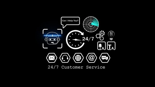 Ai chatbot 24/7 customer service interface digital hud animation for business support and automated communication systems