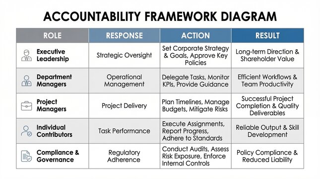 Accountability framework diagram for corporate management, business responsibility matrix with roles and actions, professional organizational chart