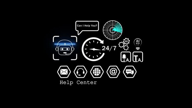 Ai customer support chatbot interface with 24/7 help center and digital hud artificial intelligence