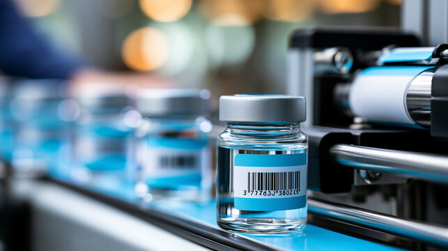 Close-up of automatic sticker labeling machine in commercial production facility, automated labeling concept, industrial photography, blurred factory background, with copy space
