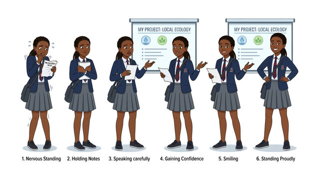 Stage Fright to Stage Presence: A series of illustrations depict a young student's journey from nervous presentation to confident public speaking.