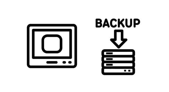 Computer monitor screen and server data backup outline icons with computer technology information database recovery archiving hardware download